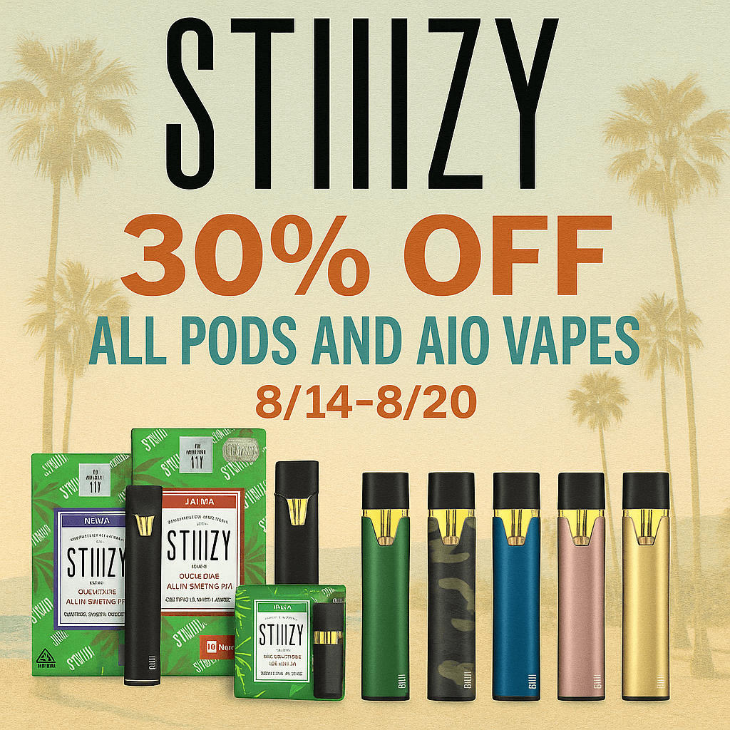 STIIIZY vape sale Marina del Rey - 30% off all pods and AIO vapes August 14 to 20 at Highway Cannabis.