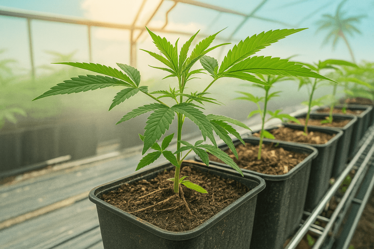 Cannabis clones growing in pots inside Los Angeles greenhouse