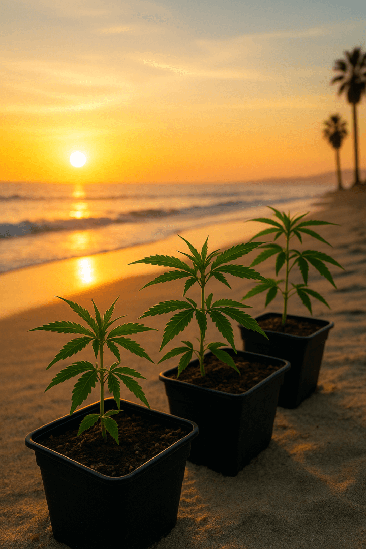 Young cannabis clones in black pots on a sandy Los Angeles beach at sunset, with palm trees and ocean waves in the background.