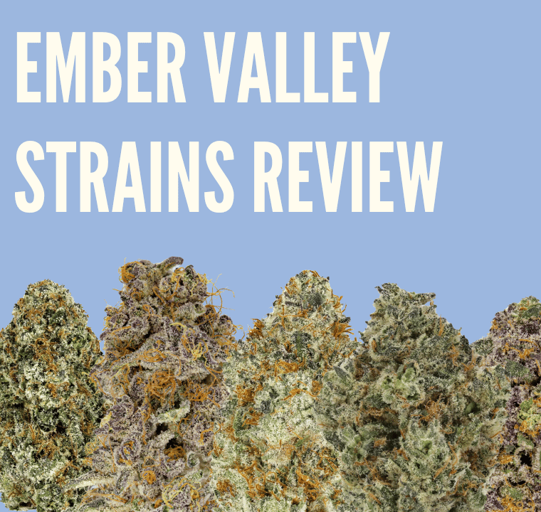 The text Ember Valley Strains review is shown above five cannabis nuts, each a different weed strain launching at Highway Cannabis in Marina Del Rey.