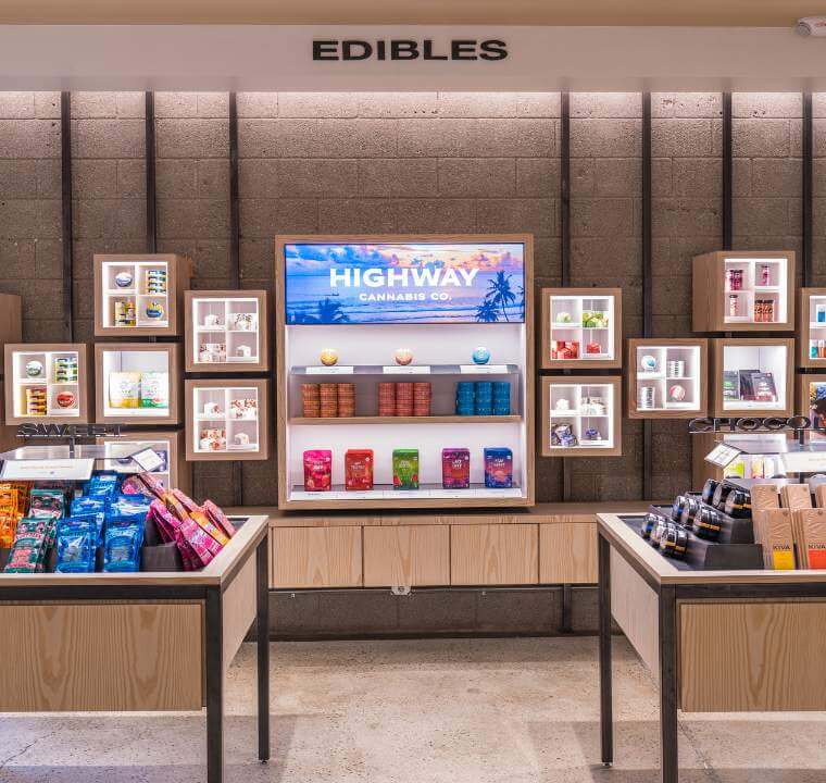 THC gummies section in Marina Del Rey Cannabis Dispensary featuring edible brands Wyld, Kiva, Camino, Kanha & Heavy Hitters.