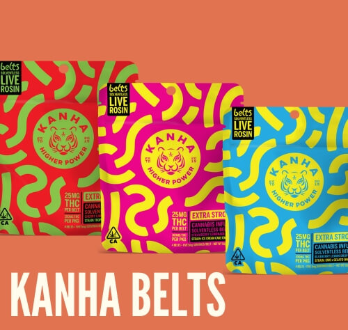 Live rosin THC belts from Kanha Gummies in the Ice Cream Cake Strain, GMO x Gelato Strain and Tropicana Cherries Strain.